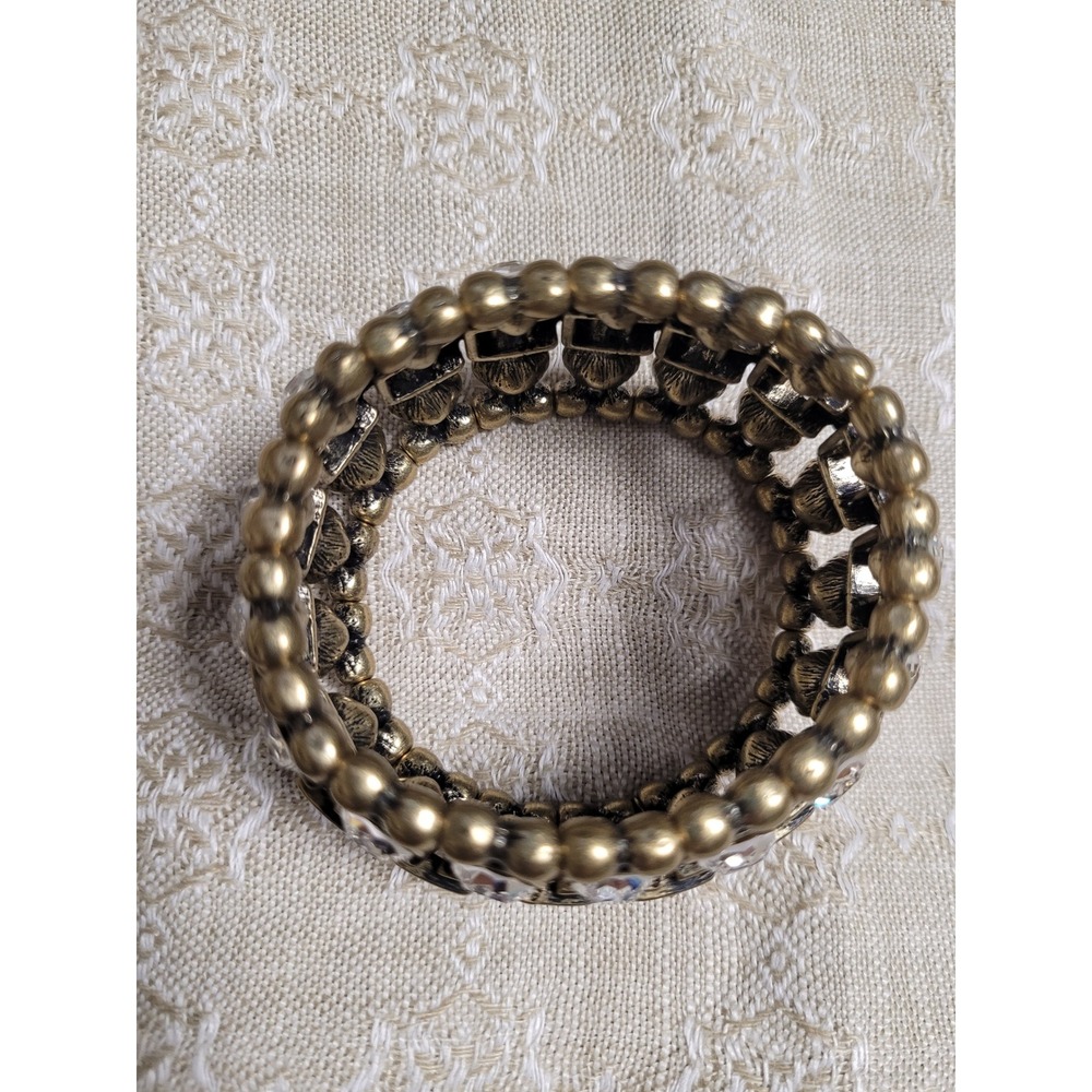 Marlyn Schiff Antique Gold Tone Clear Crystal Stretch Cuff Bracelet Statement - Picture 4 of 4